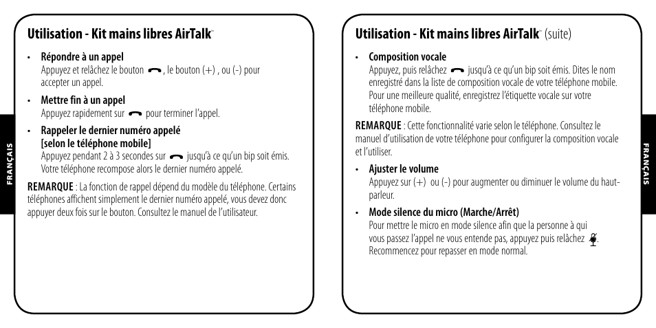 Utilisation - kit mains libres airtalk, Suite) | Monster AirTalk Hands-Free Kit User Manual | Page 16 / 97