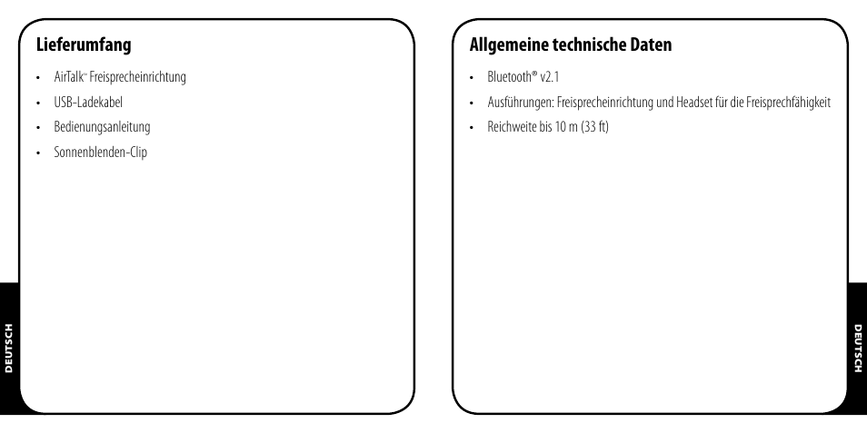 Lieferumfang, Allgemeine technische daten | Monster AirTalk Hands-Free Kit User Manual | Page 18 / 97