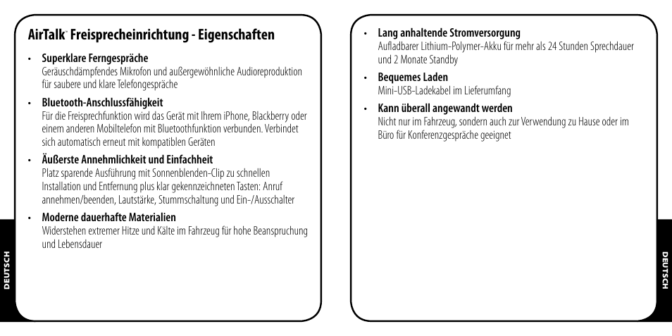 Airtalk, Freisprecheinrichtung - eigenschaften | Monster AirTalk Hands-Free Kit User Manual | Page 20 / 97