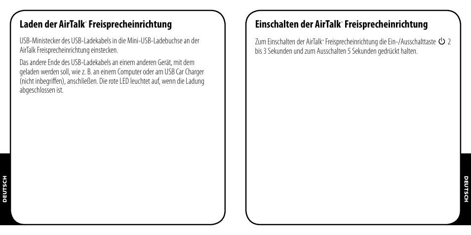 Laden der airtalk, Freisprecheinrichtung, Einschalten der airtalk | Monster AirTalk Hands-Free Kit User Manual | Page 22 / 97