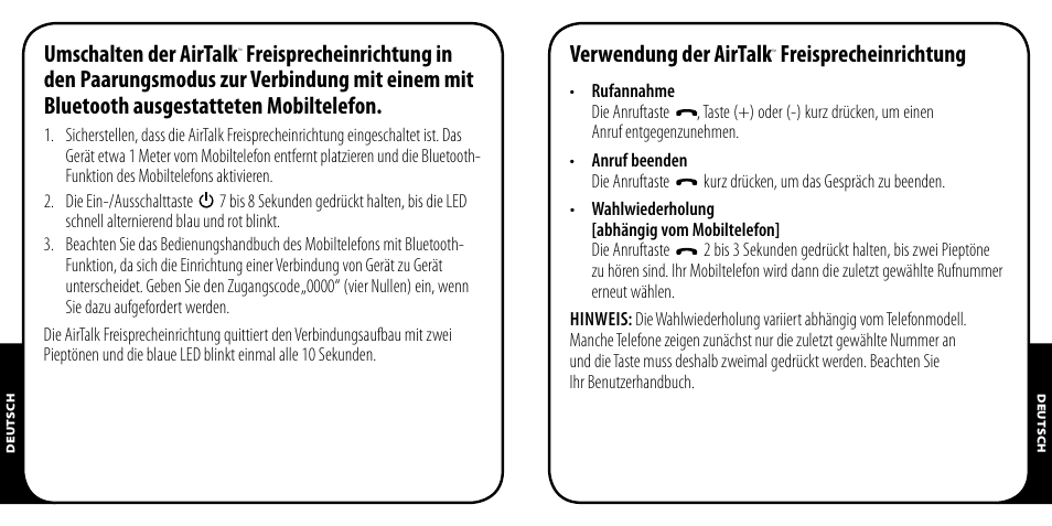 Umschalten der airtalk, Verwendung der airtalk, Freisprecheinrichtung | Monster AirTalk Hands-Free Kit User Manual | Page 23 / 97