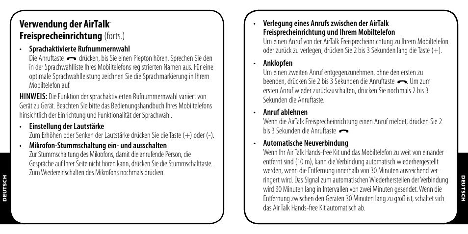 Verwendung der airtalk, Freisprecheinrichtung (forts.) | Monster AirTalk Hands-Free Kit User Manual | Page 24 / 97