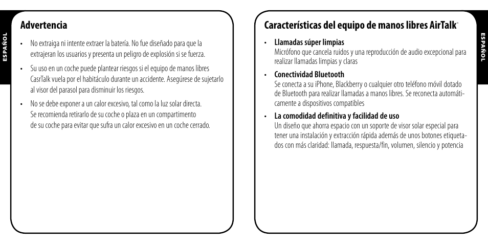 Advertencia, Características del equipo de manos libres airtalk | Monster AirTalk Hands-Free Kit User Manual | Page 27 / 97