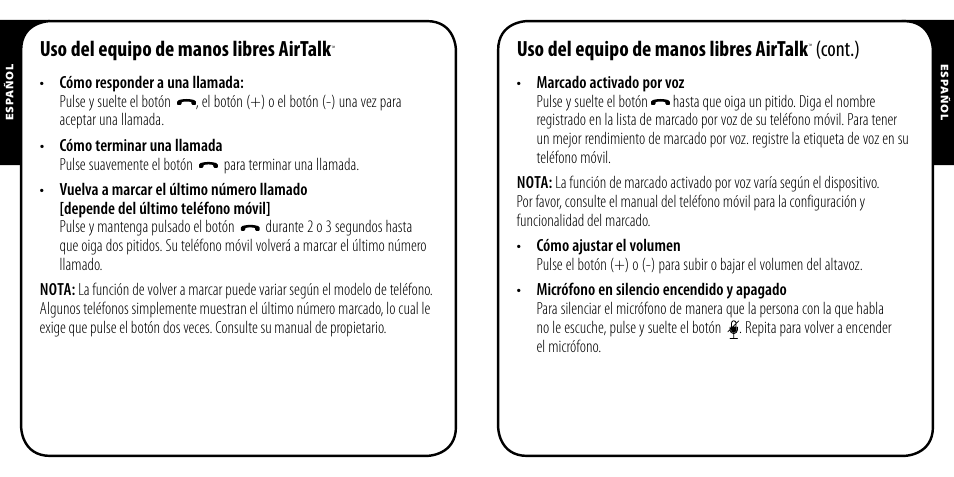 Uso del equipo de manos libres airtalk, Cont.) | Monster AirTalk Hands-Free Kit User Manual | Page 31 / 97