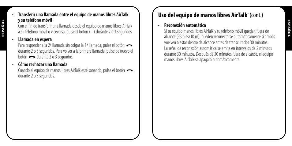 Uso del equipo de manos libres airtalk, Cont.) | Monster AirTalk Hands-Free Kit User Manual | Page 32 / 97