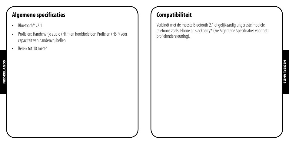 Algemene specificaties, Compatibiliteit | Monster AirTalk Hands-Free Kit User Manual | Page 34 / 97