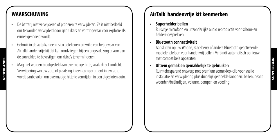 Waarschuwing, Airtalk, Handenvrije kit kenmerken | Monster AirTalk Hands-Free Kit User Manual | Page 35 / 97