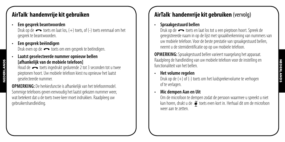 Airtalk, Handenvrije kit gebruiken, Handenvrije kit gebruiken (vervolg) | Monster AirTalk Hands-Free Kit User Manual | Page 39 / 97