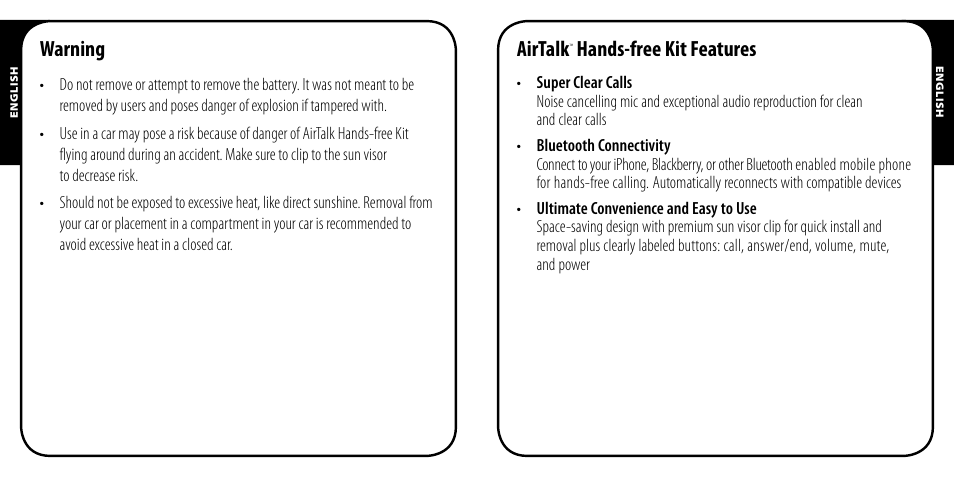 Warning, Airtalk, Hands-free kit features | Monster AirTalk Hands-Free Kit User Manual | Page 4 / 97