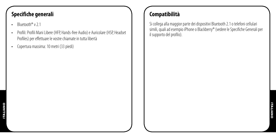 Specifiche generali, Compatibilità | Monster AirTalk Hands-Free Kit User Manual | Page 42 / 97