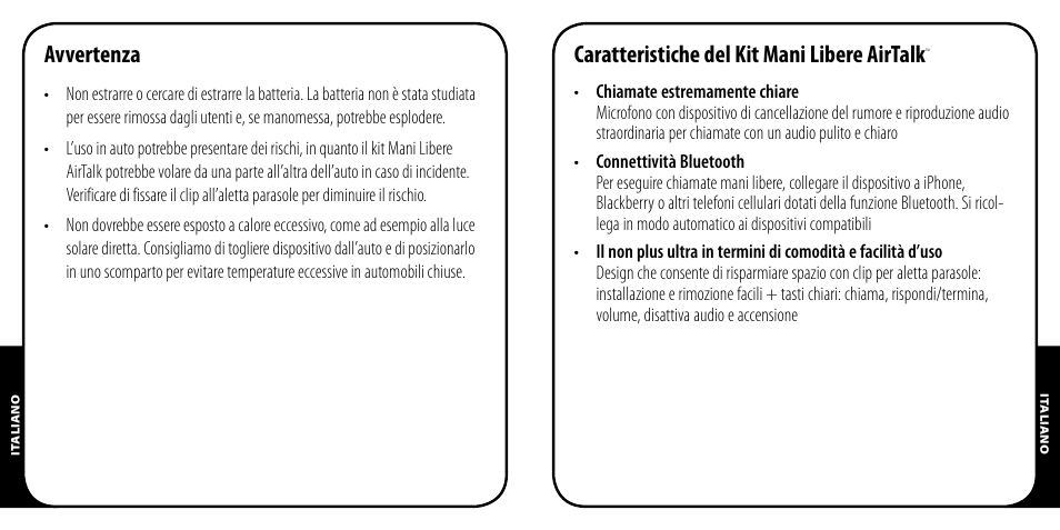 Avvertenza, Caratteristiche del kit mani libere airtalk | Monster AirTalk Hands-Free Kit User Manual | Page 43 / 97