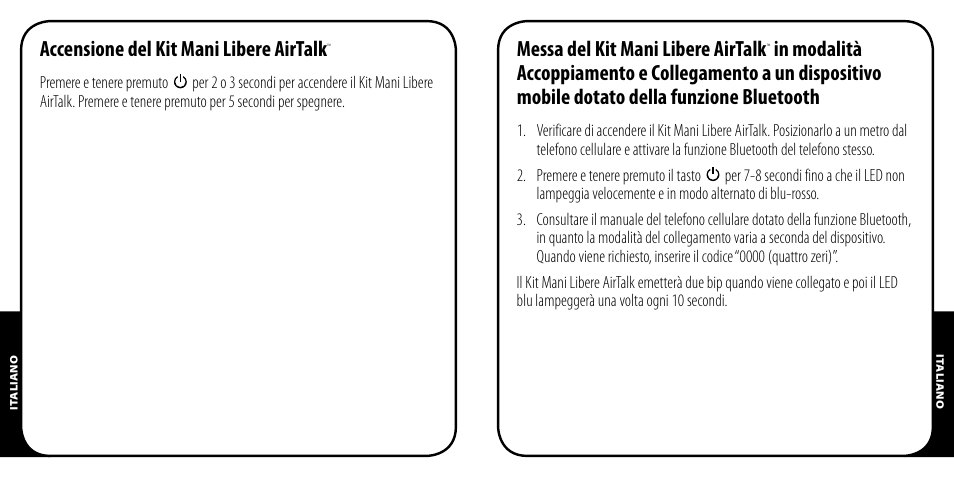 Accensione del kit mani libere airtalk, Messa del kit mani libere airtalk | Monster AirTalk Hands-Free Kit User Manual | Page 46 / 97