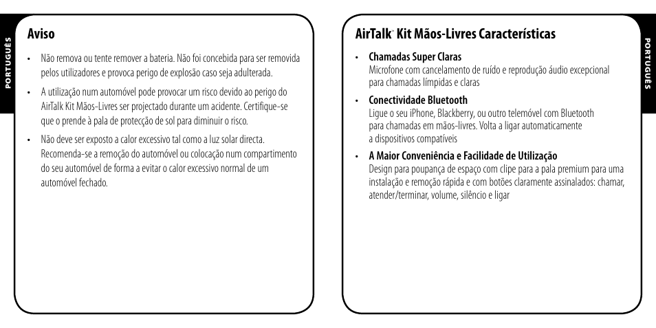 Aviso, Airtalk, Kit mãos-livres características | Monster AirTalk Hands-Free Kit User Manual | Page 51 / 97