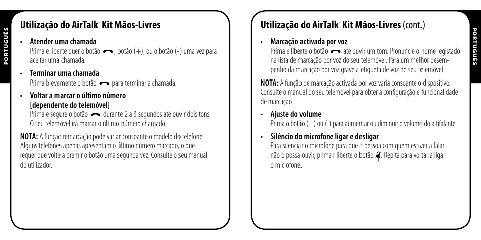 Utilização do airtalk, Kit mãos-livres, Kit mãos-livres (cont.) | Monster AirTalk Hands-Free Kit User Manual | Page 55 / 97