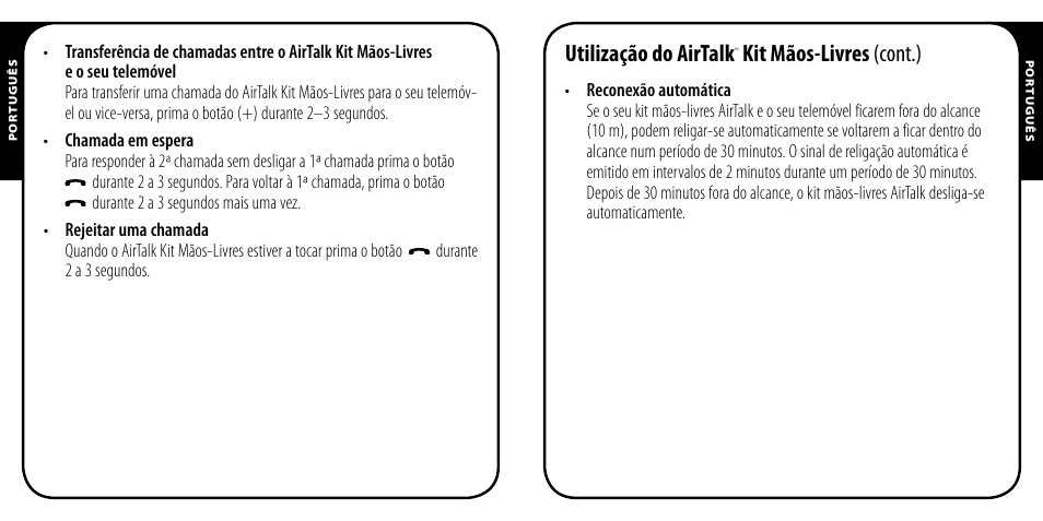 Utilização do airtalk, Kit mãos-livres (cont.) | Monster AirTalk Hands-Free Kit User Manual | Page 56 / 97