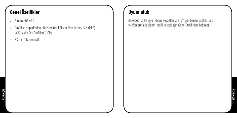 Genel özellikler, Uyumluluk | Monster AirTalk Hands-Free Kit User Manual | Page 66 / 97