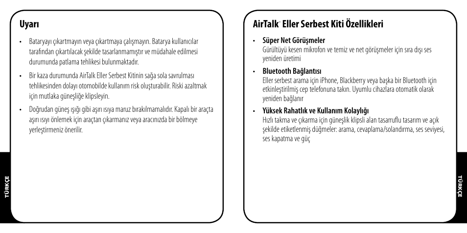 Uyarı, Airtalk, Eller serbest kiti özellikleri | Monster AirTalk Hands-Free Kit User Manual | Page 67 / 97