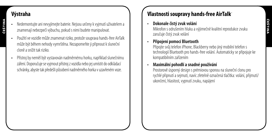 Výstraha, Vlastnosti soupravy hands-free airtalk | Monster AirTalk Hands-Free Kit User Manual | Page 75 / 97