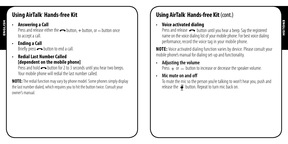 Using airtalk, Hands-free kit, Hands-free kit (cont.) | Monster AirTalk Hands-Free Kit User Manual | Page 8 / 97