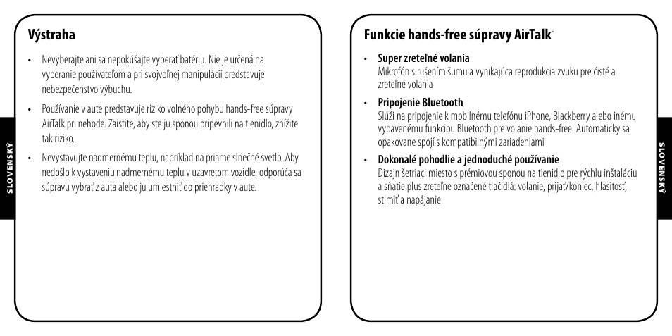 Výstraha, Funkcie hands-free súpravy airtalk | Monster AirTalk Hands-Free Kit User Manual | Page 83 / 97