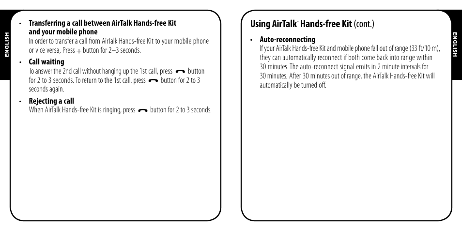 Using airtalk, Hands-free kit (cont.) | Monster AirTalk Hands-Free Kit User Manual | Page 9 / 97