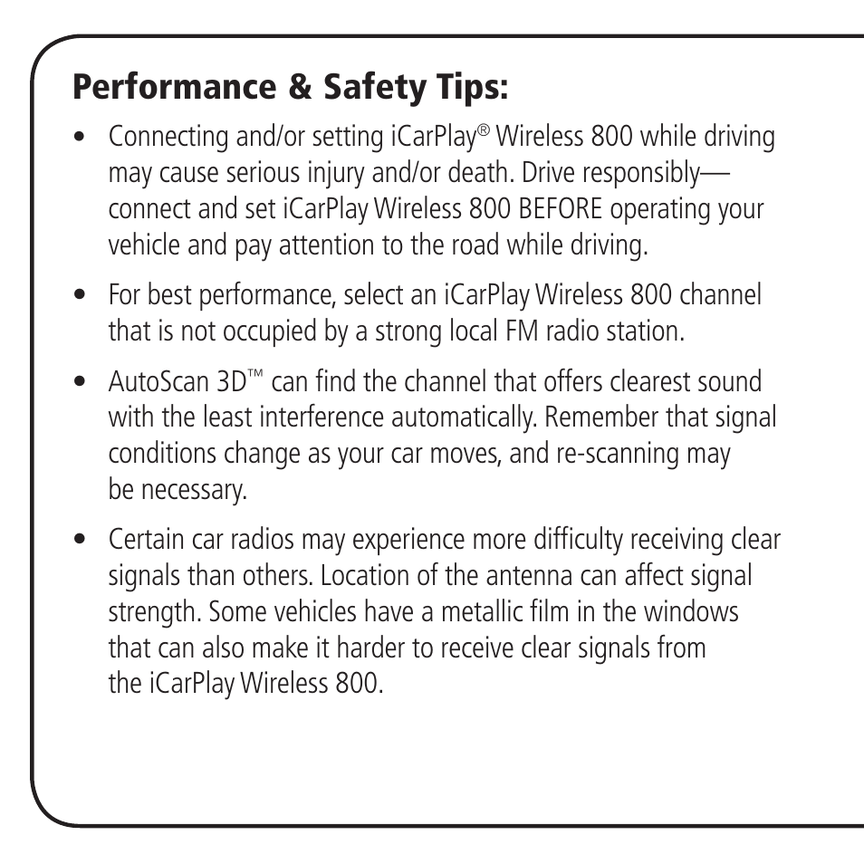 Performance & safety tips | Monster iCarPlay Wireless 800 User Manual | Page 12 / 24