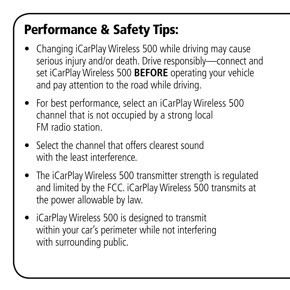 Performance & safety tips | Monster iCarPlay Wireless 500 User Manual | Page 8 / 20