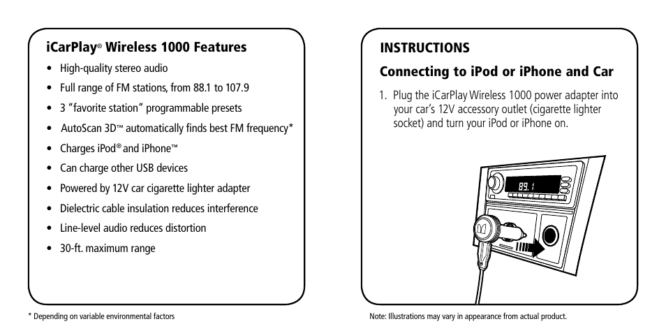 Instructions connecting to ipod or iphone and car, Icarplay, Wireless 1000 features | Monster iCarPlay Wireless 1000 User Manual | Page 2 / 15