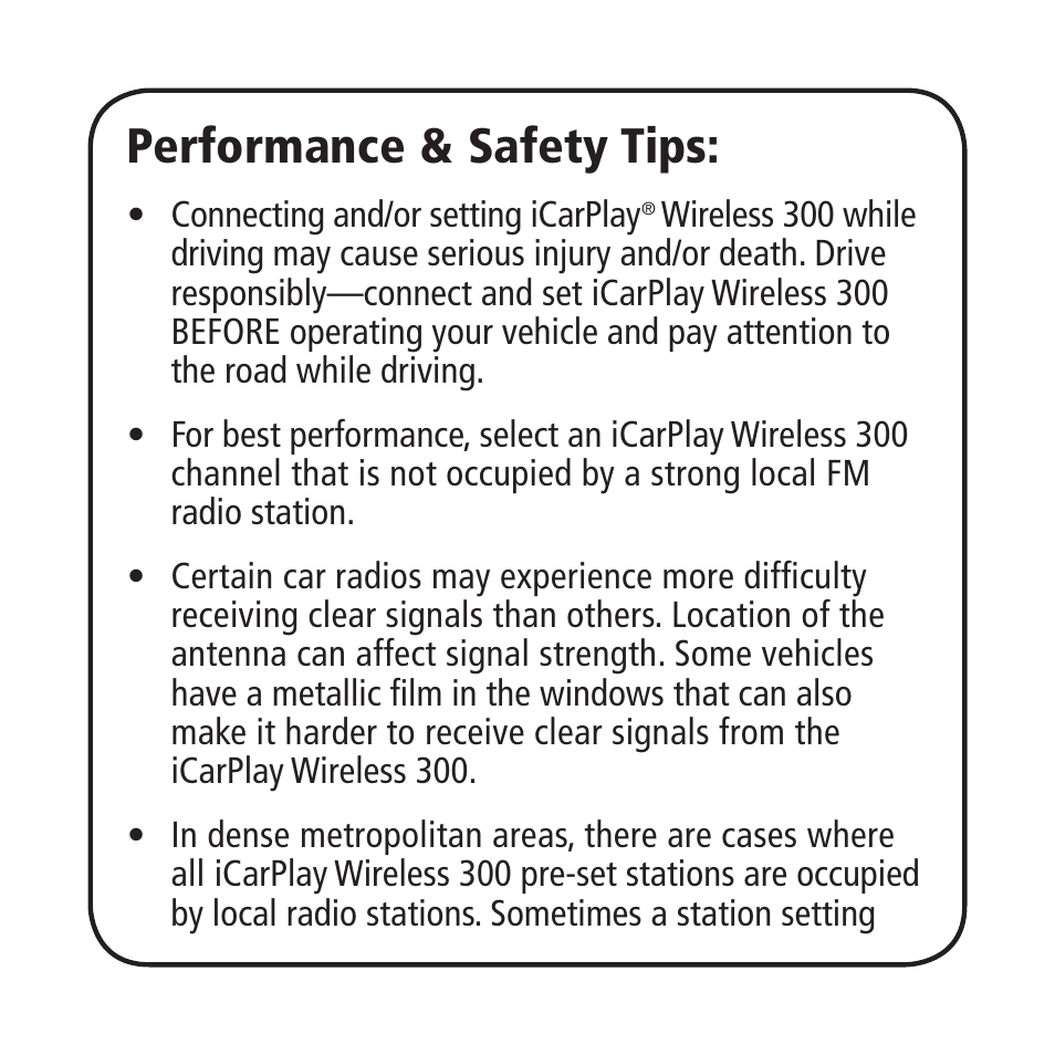 Performance & safety tips | Monster iCarPlay Wireless 300 User Manual | Page 13 / 25