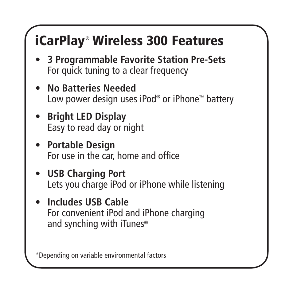 Icarplay, Wireless 300 features | Monster iCarPlay Wireless 300 User Manual | Page 3 / 25