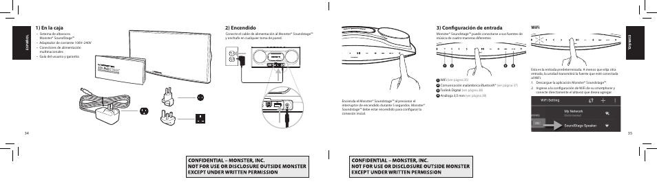 1) en la caja, 2) encendido, 3) configuración de entrada | Monster SoundStage Wireless Home Music System S1 Mini Bluetooth Speaker User Manual | Page 18 / 41