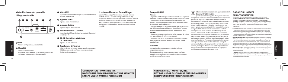 Vista d’insieme del pannello di ingresso/uscita, Il sistema monster, Soundstage | Compatibilità, Garanzia limitata per i consumatori | Monster SoundStage Wireless Home Music System S1 Mini Bluetooth Speaker User Manual | Page 31 / 41