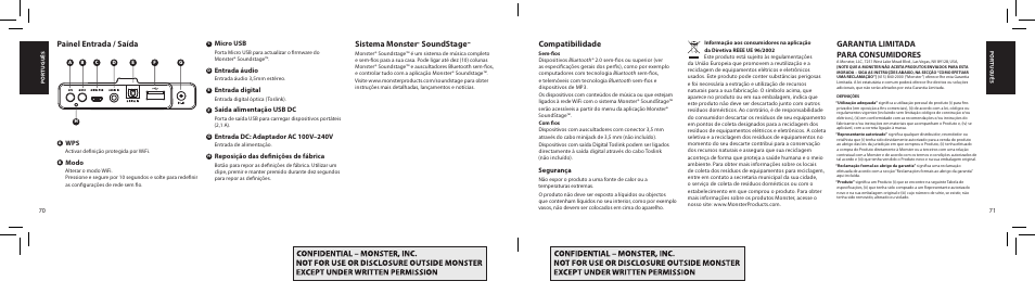 Painel entrada / saída, Sistema monster, Soundstage | Compatibilidade, Garantia limitada para consumidores | Monster SoundStage Wireless Home Music System S1 Mini Bluetooth Speaker User Manual | Page 36 / 41