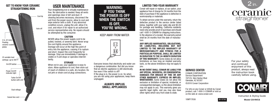 Straightener, User maintenance | Conair CS19VCSIB-9786 User Manual | Page 2 / 2