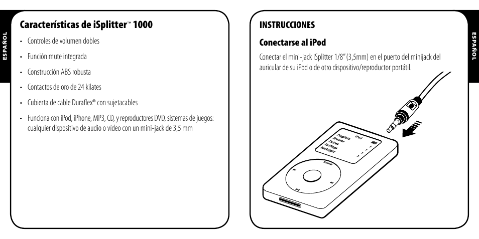 Características de isplitter, Instrucciones conectarse al ipod | Monster iSplitter 1000 User Manual | Page 10 / 33