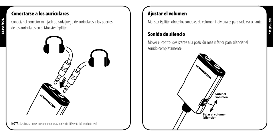 Conectarse a los auriculares, Ajustar el volumen, Sonido de silencio | Monster iSplitter 1000 User Manual | Page 11 / 33
