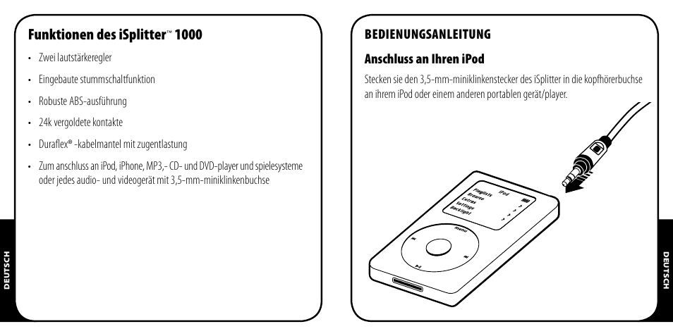 Funktionen des isplitter, Bedienungsanleitung anschluss an ihren ipod | Monster iSplitter 1000 User Manual | Page 7 / 33