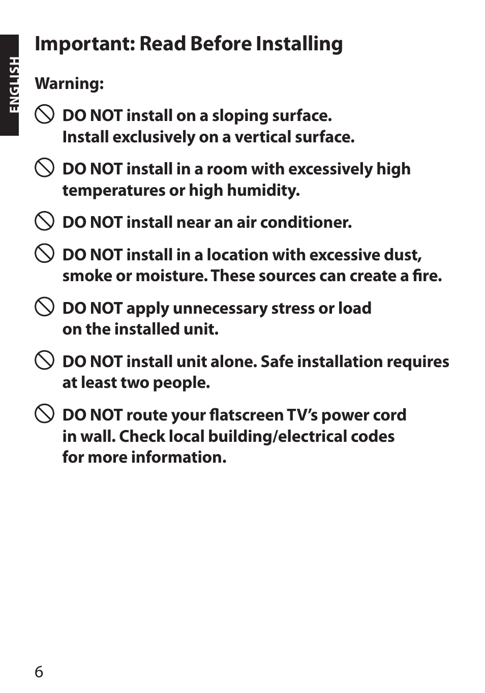 Important: read before installing | Monster FlatScreen SuperThin Flat Mount - Up to 46” Screens User Manual | Page 10 / 106
