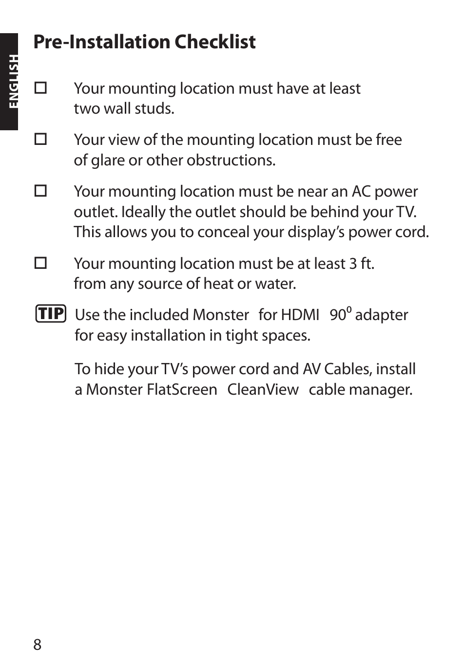 Pre-installation checklist | Monster FlatScreen SuperThin Flat Mount - Up to 46” Screens User Manual | Page 12 / 106