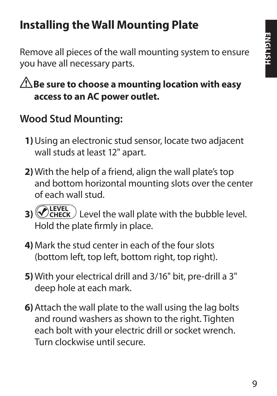 Installing the wall mounting plate, Wood stud mounting | Monster FlatScreen SuperThin Flat Mount - Up to 46” Screens User Manual | Page 13 / 106