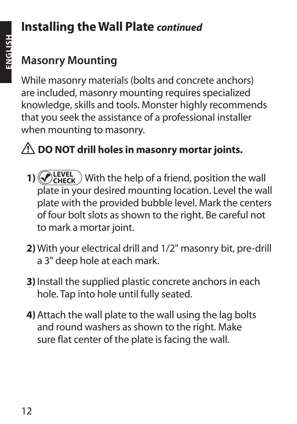 Installing the wall plate, Masonry mounting | Monster FlatScreen SuperThin Flat Mount - Up to 46” Screens User Manual | Page 16 / 106