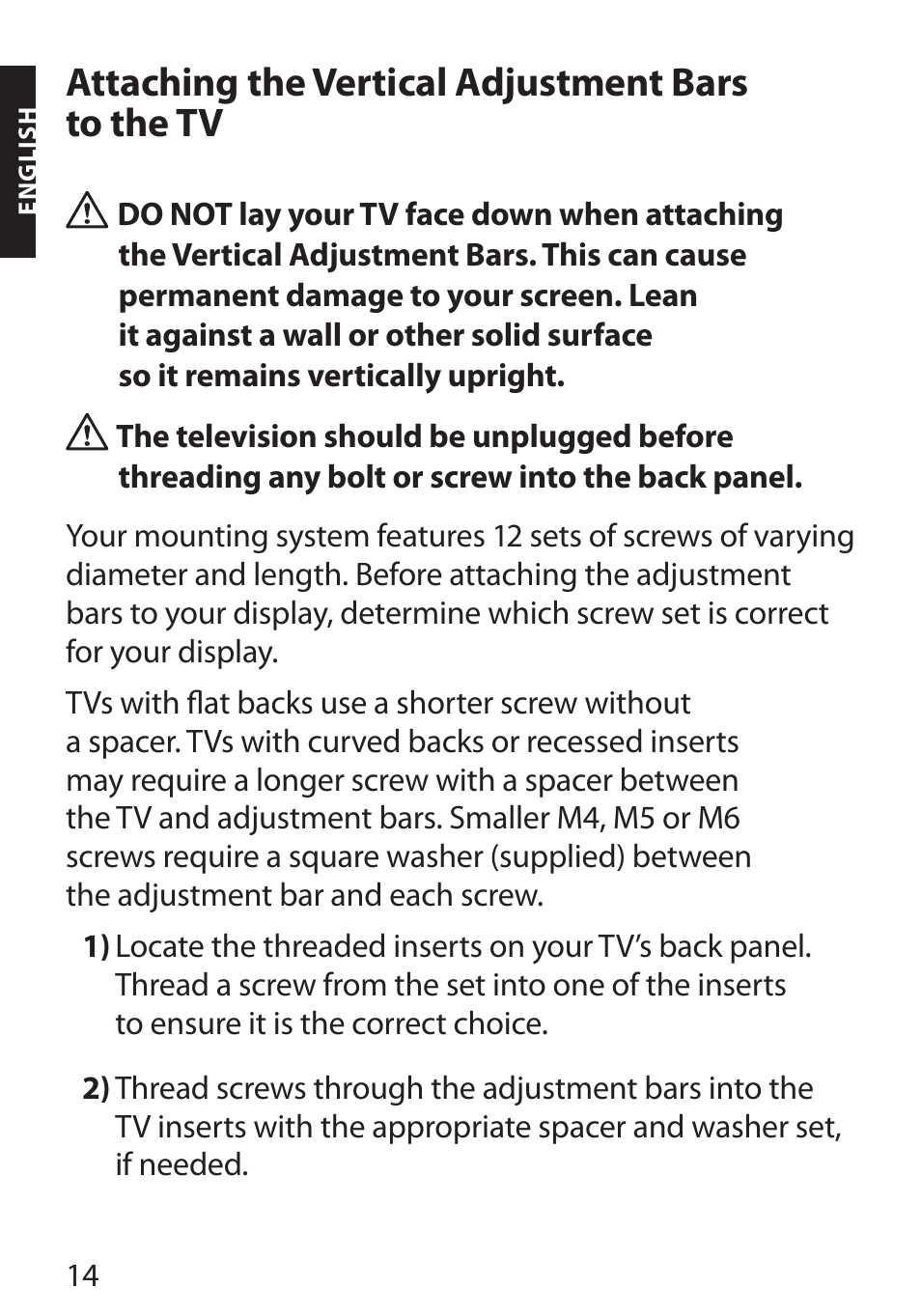 Attaching the vertical adjustment bars to the tv | Monster FlatScreen SuperThin Flat Mount - Up to 46” Screens User Manual | Page 18 / 106