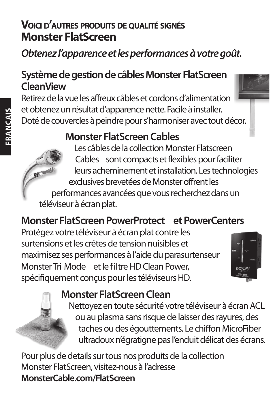 Monster flatscreen, Monster flatscreen cables, Monster flatscreen powerprotect | Et powercenters, Monster flatscreen clean | Monster FlatScreen SuperThin Flat Mount - Up to 46” Screens User Manual | Page 30 / 106