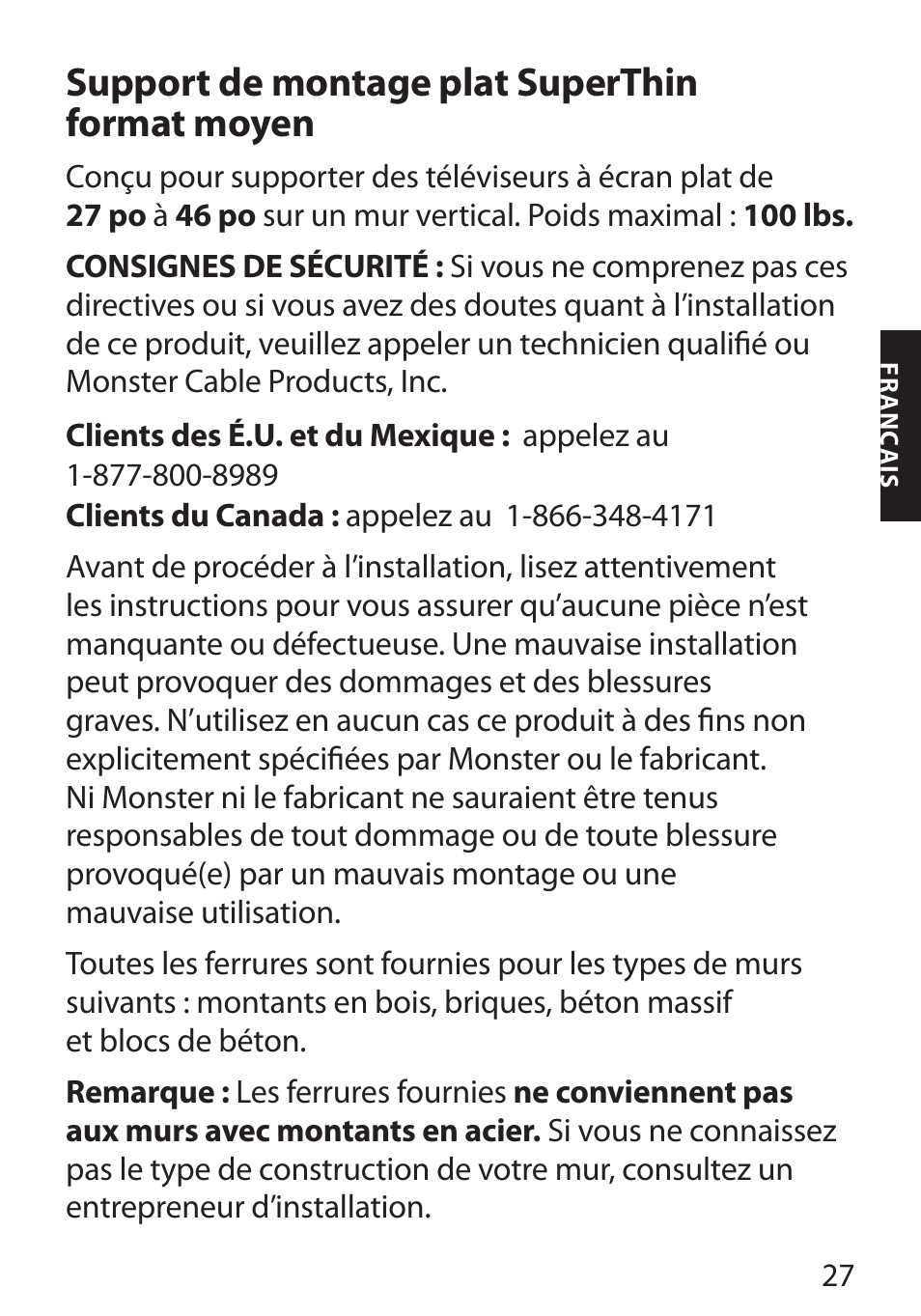 Support de montage plat superthin, Format moyen | Monster FlatScreen SuperThin Flat Mount - Up to 46” Screens User Manual | Page 31 / 106