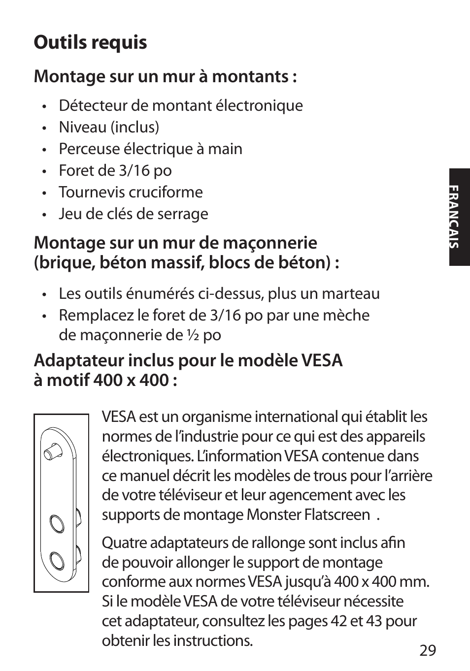 Outils requis, Montage sur un mur à montants, Adaptateur inclus pour le modèle vesa | Monster FlatScreen SuperThin Flat Mount - Up to 46” Screens User Manual | Page 33 / 106