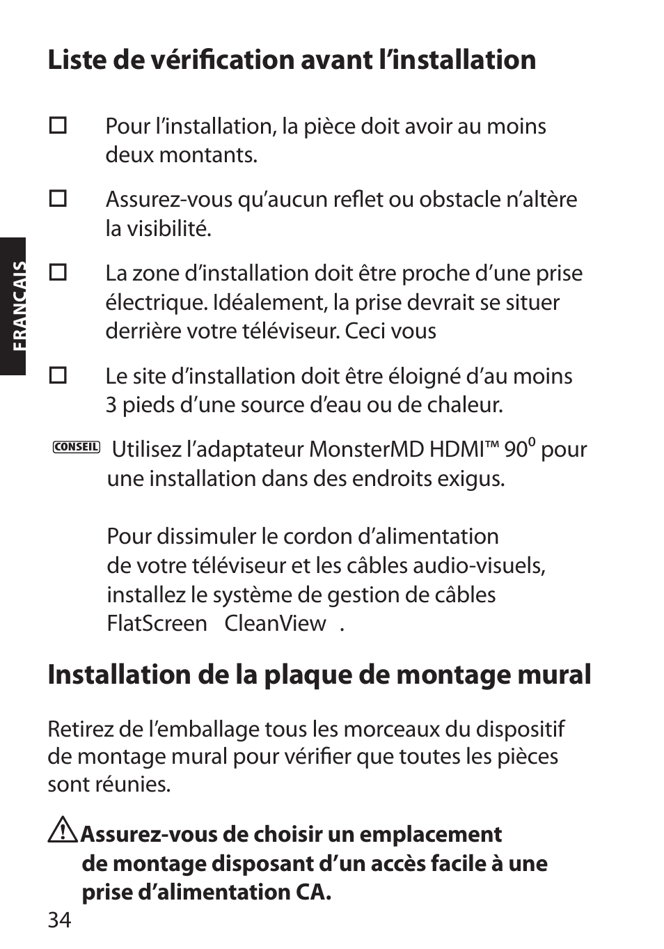 Liste de vérification avant l’installation, Installation de la plaque de montage mural | Monster FlatScreen SuperThin Flat Mount - Up to 46” Screens User Manual | Page 38 / 106