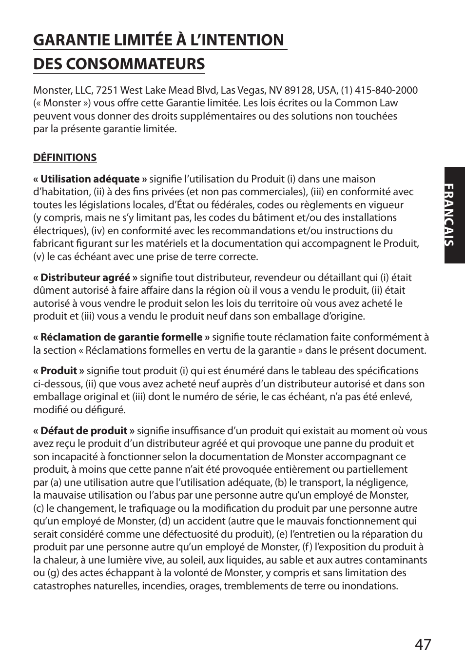 Garantie limitée à l’intention des consommateurs | Monster FlatScreen SuperThin Flat Mount - Up to 46” Screens User Manual | Page 51 / 106