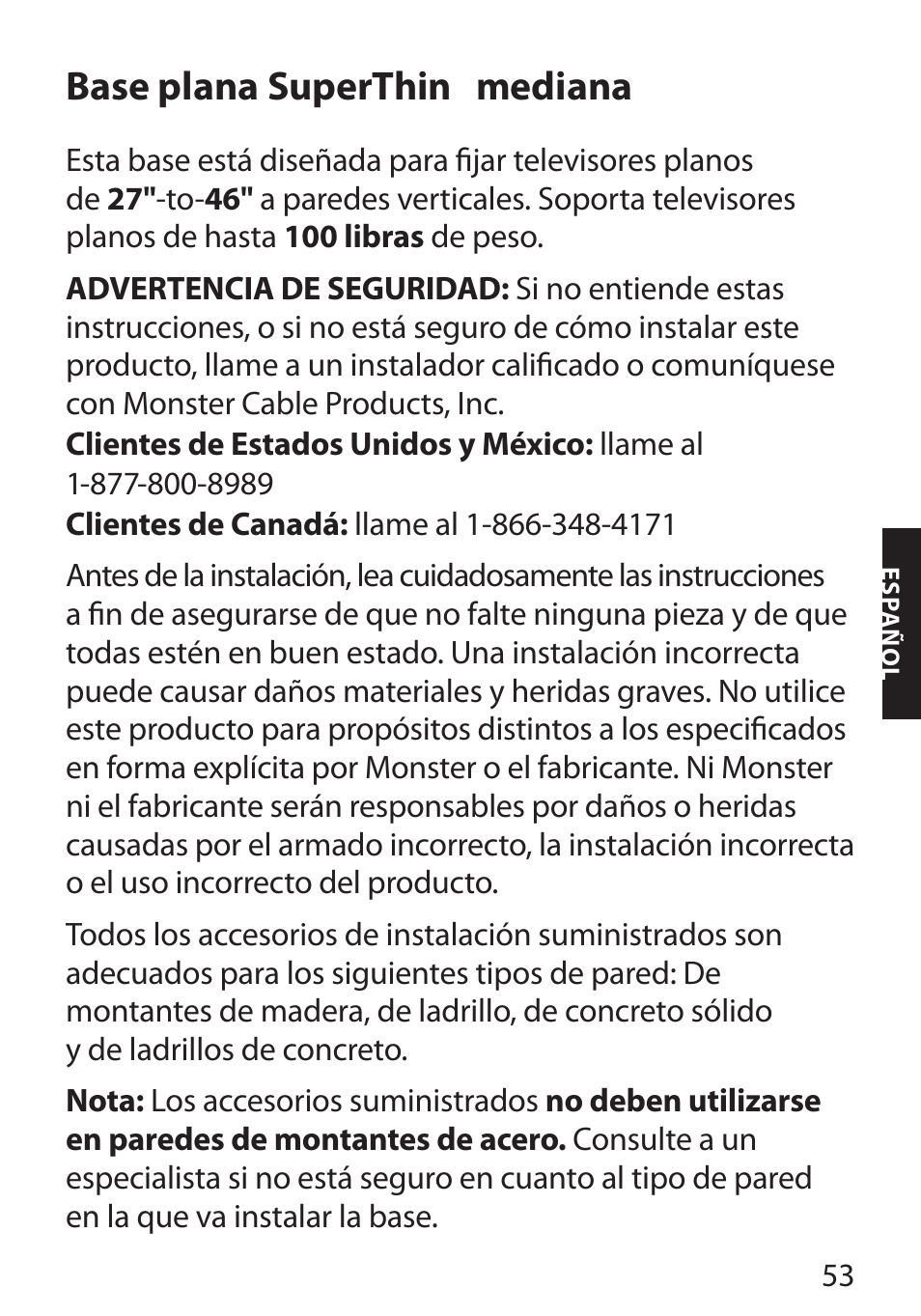 Base plana superthin, Mediana | Monster FlatScreen SuperThin Flat Mount - Up to 46” Screens User Manual | Page 57 / 106