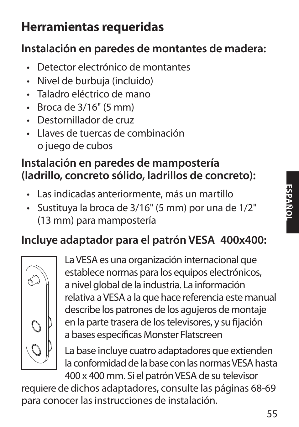 Herramientas requeridas, Instalación en paredes de montantes de madera, Incluye adaptador para el patrón vesa | Monster FlatScreen SuperThin Flat Mount - Up to 46” Screens User Manual | Page 59 / 106