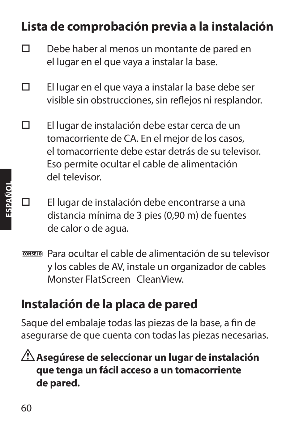 Lista de comprobación previa a la instalación, Instalación de la placa de pared | Monster FlatScreen SuperThin Flat Mount - Up to 46” Screens User Manual | Page 64 / 106